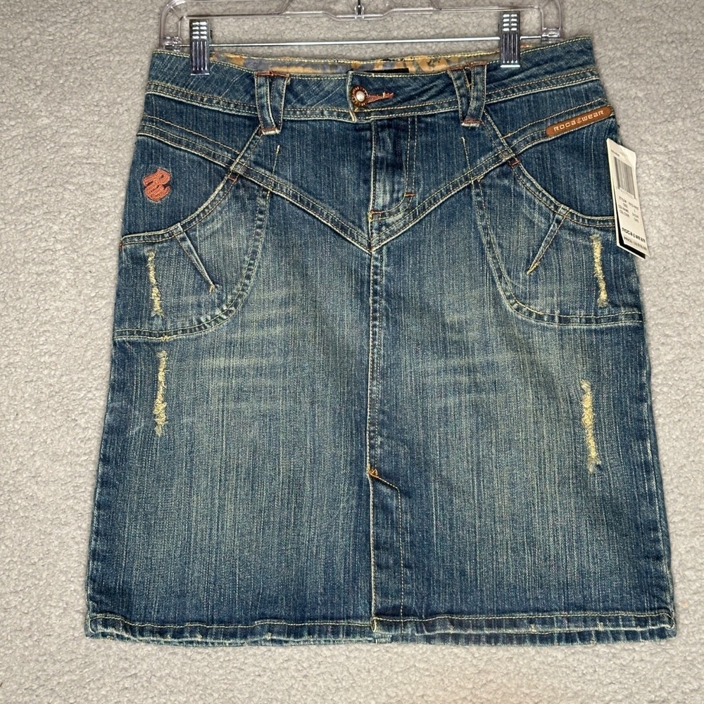 Rocawear Denim Skirt Womens JR 5 Blue Distressed Y2K Grunge Boho Festival